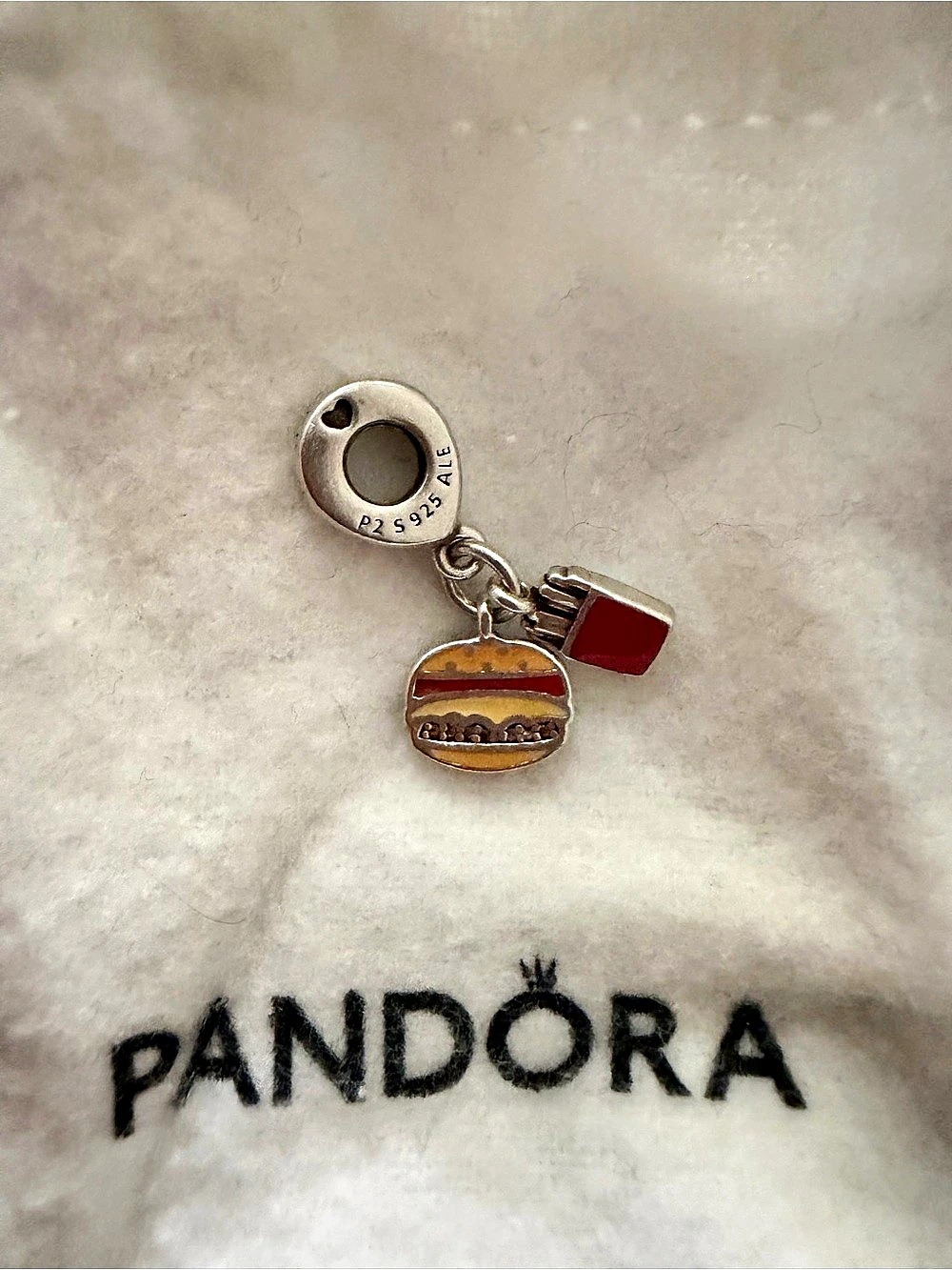 PANDORA Burger & Fries Best Friends Dangle Charm Silver & Red